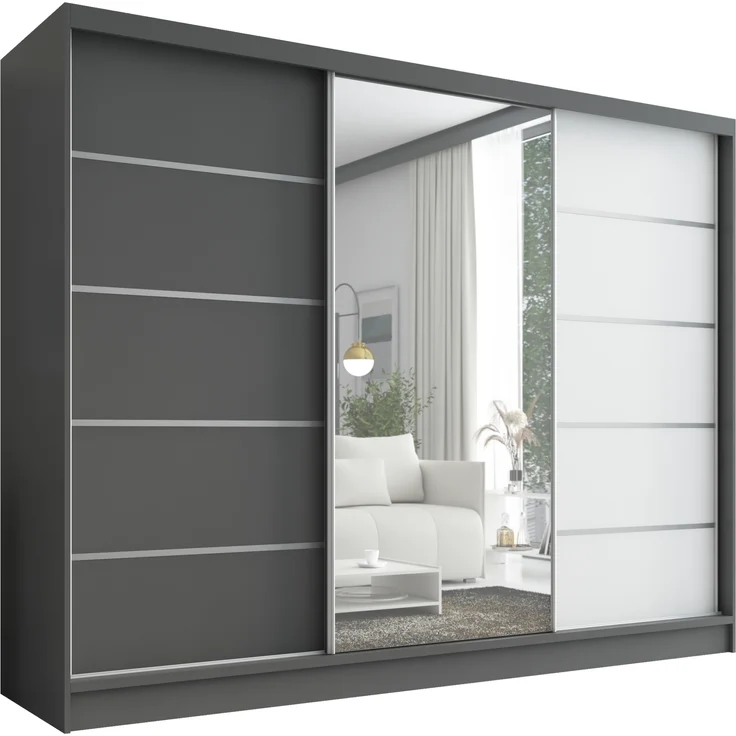A&J MöbelLand Schwebetürenschrank AURELIA, Graphit, Graphit, Weiß, Leiste: Weiß – Bild 1