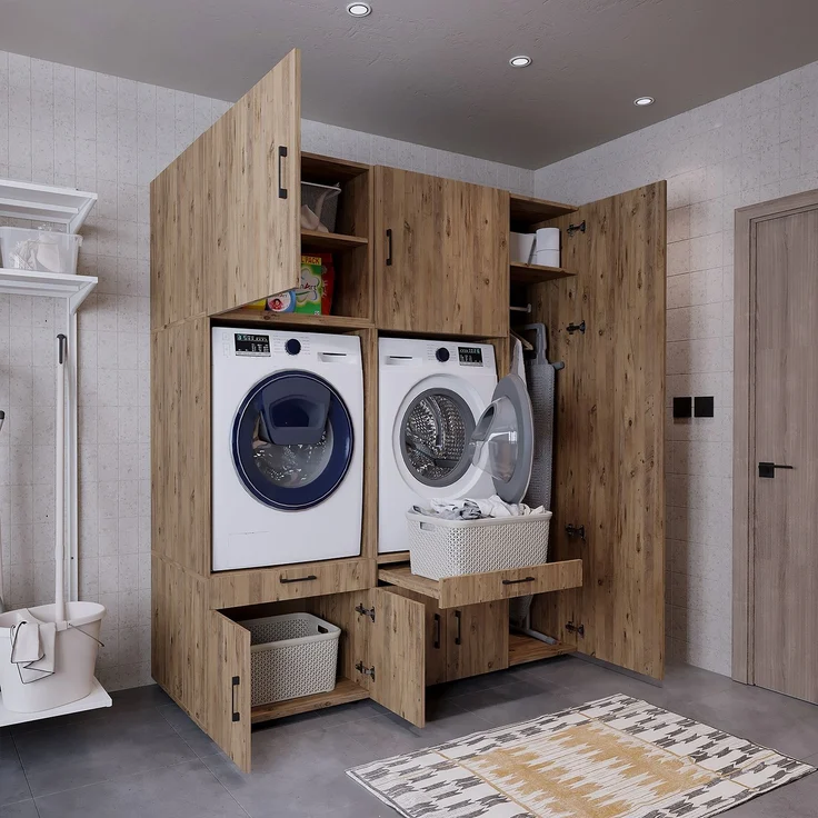 Roomart Überbauschrank Waschküche & Hauswirtschaftsraum SERIE 3 – 179 cm – mit Schubladen & Ausziehbrett • Eiche – Bild 2