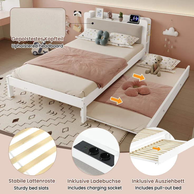Merax Einzelbett, Funktionsbett mit Ausziehbett 90x190 cm, Holzbett mit gepolstertem Kopfteil, Kopfteilregal, Ladestation und offenem Stauraum, Weiß, 120x200 cm – Bild 7