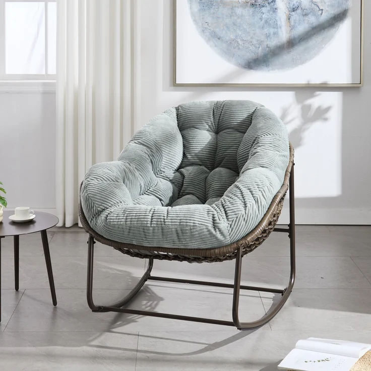 LVHOM Schaukelstuhl mit gepolstertem Kissen, Rattanstuhl mit Stahlrahmen, Lounge Sessel, Schaukelsessel, 1 St, für Balkon/Garten/Wohnzimmer/Schlafzimmer – Bild 5