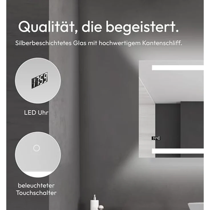 Talos King Badspiegel mit Beleuchtung, LED Badezimmerspiegel 120x60 cm, Wandspiegel mit beleuchtetem Kosmetikspiegel, Digitaluhr und neutralweißem Licht – Bild 3