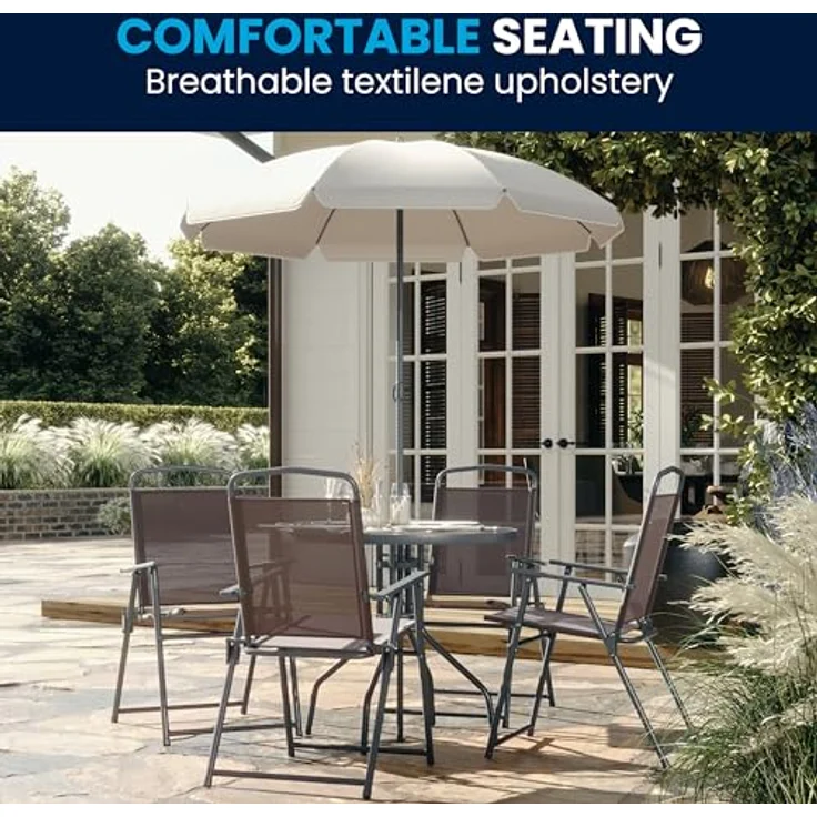 Flash Furniture Nantucket Garten-Set, 6-teilig, Braun, mit Tisch, Sonnenschirm und 4 Klappstühlen – Bild 4