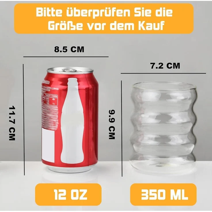 ALINK 350ml Gerippte Trinkgläser Set of 2 Glass Straws Wave Longdrinkgläser – Bild 3