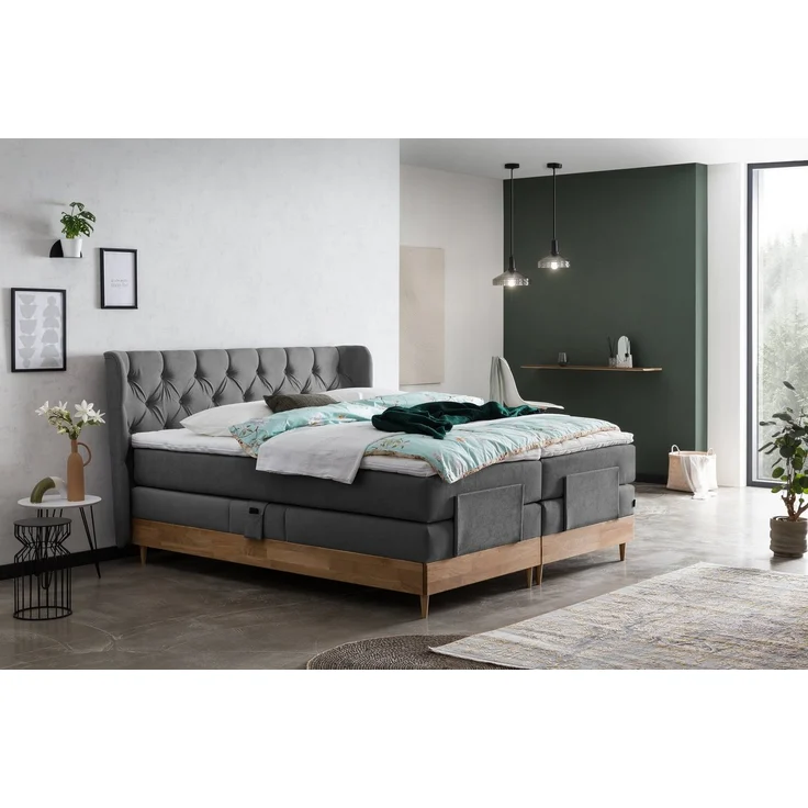 Belanoti Boxspringbett EON (Boxspringbett 180x200 elektrisch verstellbar Bett 180x200 mit Motor, 7-Zonen Taschenfederkern Matratze inklusive Visco Topper), in der Farbe Anthrazit H2/H3 Polsterbett Motorbett mit Eiche – Bild 5