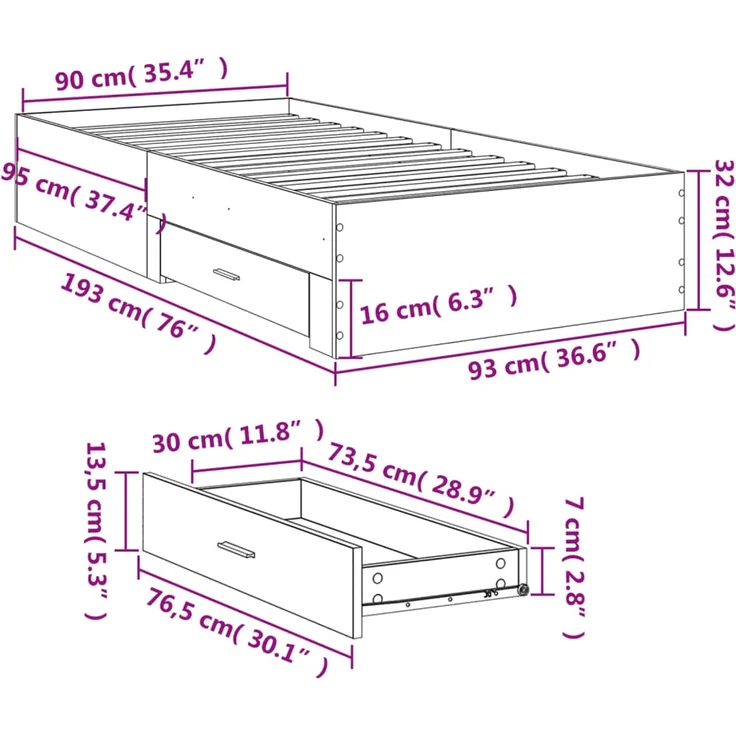 vidaXL Bettgestell mit Schubladen Grau Sonoma 90x190 cm Holzwerkstoff 3280438 – Bild 10