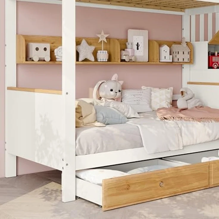 Ball & Cast Hochbett (90x200cm) Kinderbett mit 4 Spinden in der Treppe, Einzelbett mit Geländer und 2 Schubladen, Weiß+Natur – Bild 7