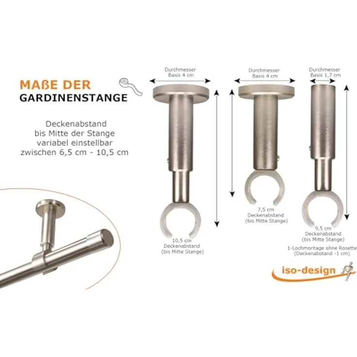 iso-design Gardinenstange Set zur Montage an der Decke mit 20 mm Durchmesser 1-läufig, Ø 20 mm, 1-läufig, Deckenmontage, geschraubt, Aluminium, Variabler Deckenabstand – Bild 7