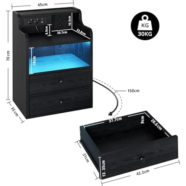 IRONCK LED Nachttisch mit Steckdose, Beistelltisch Holz mit Ladefunktion, Nachtschrank mit 2 AC, 1 USB& 1 Type-C Anschlüsse, Sofatisch mit 2 Schubladen für Wohnzimmer,Schlafzimmer, 45 x 30 x 70 cm Schwarz – Bild 3