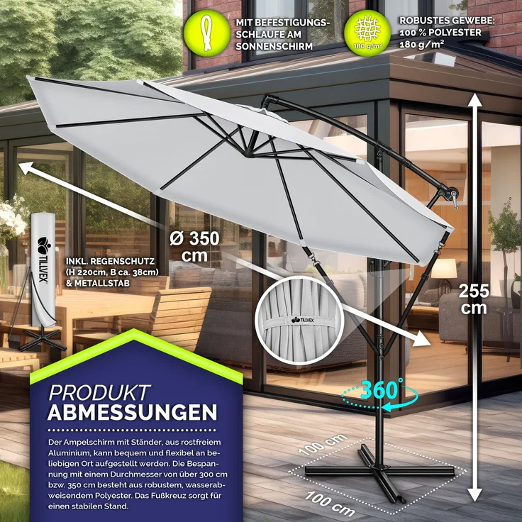 tillvex Sonnenschirm Grau Ø 350 cm Ampelschirm Gartenschirm Marktschirm Kurbel Balkon Alu Neigbar Grau - Ø350cm – Bild 5