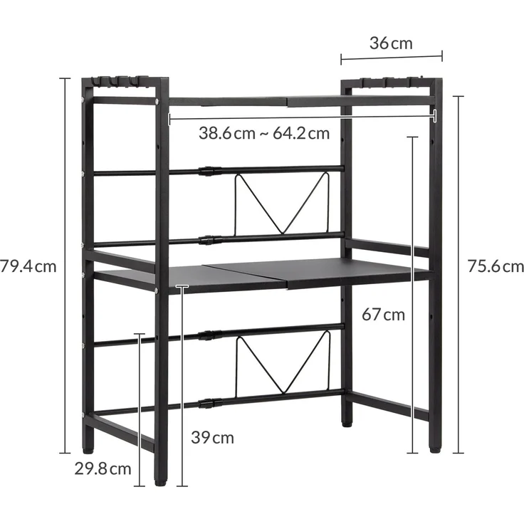 Todeco Erweiterbares Mikrowellen Regal, 3-Stufiges Mikrowellenregalständer, Mikrowellen Regal ständer Einstellbar Länge und Höhe, mit 6 Haken, (39-60) x32x78cm, Schwarz – Bild 7