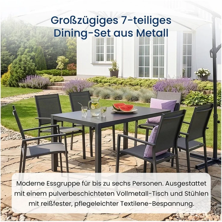 Home Collective Gartenlounge-Set Balkonmöbel Essgruppe Outdoor Terrassenmöbel Sitzgruppe für 6 Personen, beschichtetes Metall, atmungsaktives Textil-Gewebe, Dunkelgrau/Schwarz – Bild 4