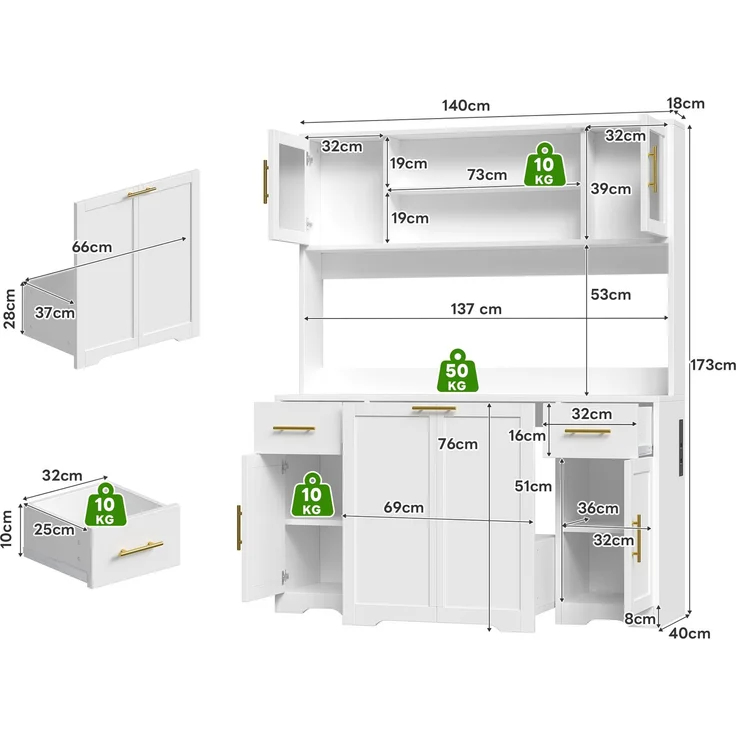 Küchenschrank, hoher Stauraumschrank mit Arbeitsplatte und Schubladen, Doppel-Mülleimerschrank mit ausziehbaren Abfalleimern, Vitrine für Wohnzimmer und Esszimmer, 173 × 140× 40 cm, Weiß--Weiß--140x40x173cm--YOUDENOVA – Bild 4