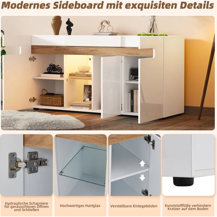 ZUBALIYA Sideboard 140x40x70 cm, mit LED-Beleuchtung, mit App-Steuerung, Hochglanz, aus Spanplatte, Weiß / Natur – Bild 6