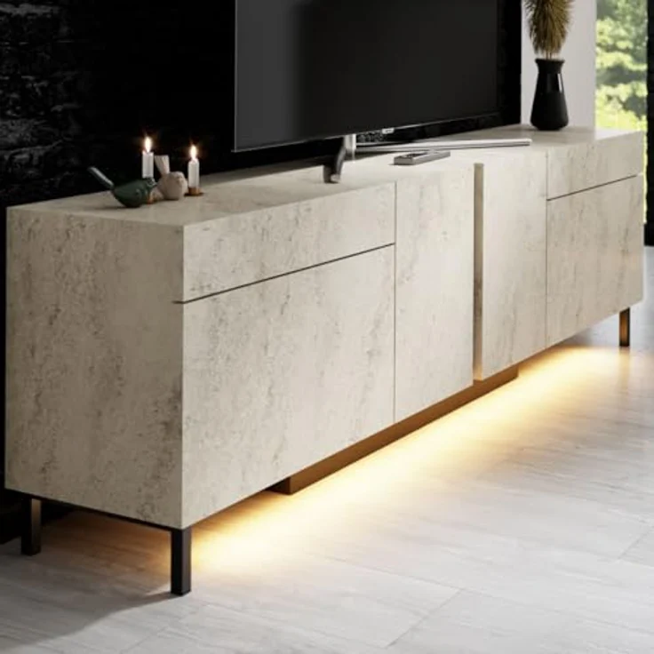 Moderner TV-Ständer mit LED-Beleuchtung, Travertin-Optik, 180 cm | 100% melaminbeschichtet, Metallbeine, RGB-Fernbedienung | Stilvolles und funktionales Design – Bild 5