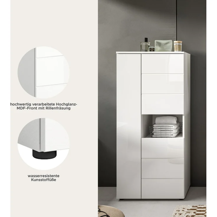 xonox. home Bad Vira X2LA9717 Standschrank Schrank Badschrank in weiß Hochglanz tiefzieh, ca. 60x133x34 cm – Bild 8