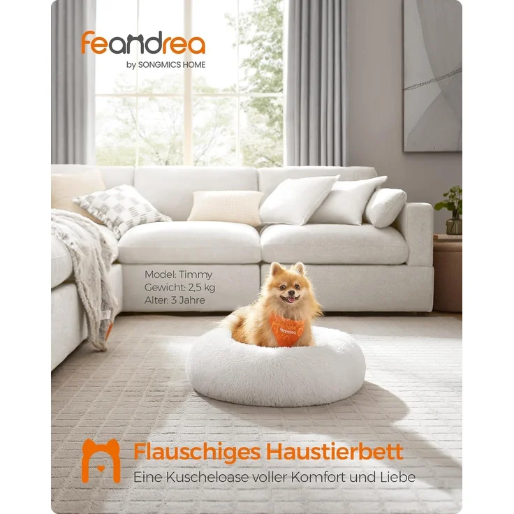 Feandrea Hundebett flauschig, Katzenbett, Donut Kissen, waschbar, Polsterung in der Mitte herausnehmbar, Langer Plüsch, 60 cm Durchmesser, wolkenweiß PGW038W01 – Bild 3
