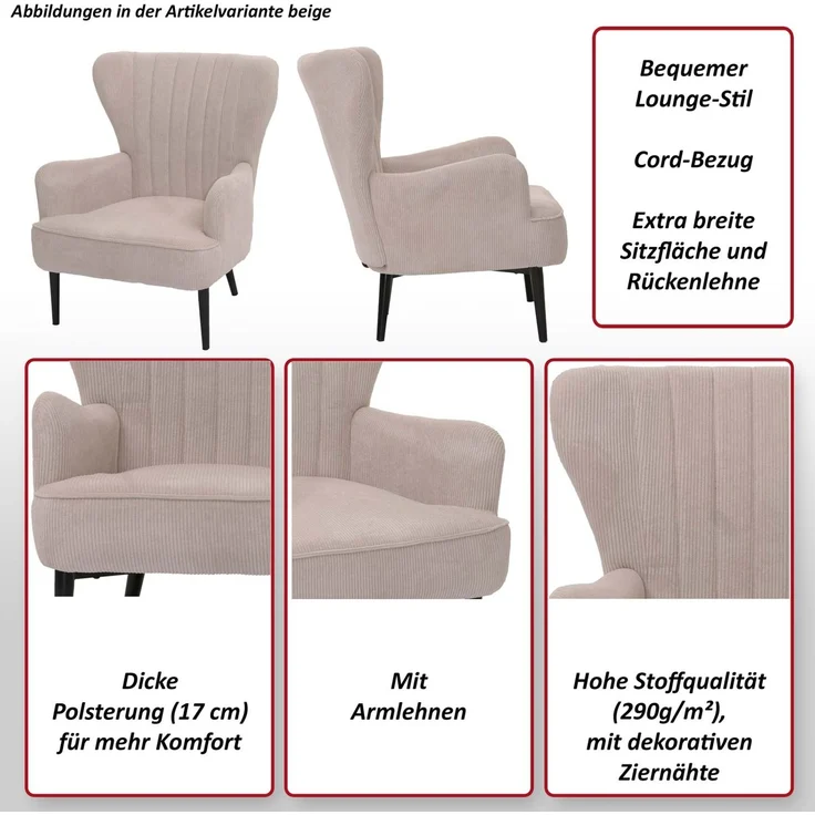 Lounge-Sessel HWC-K37, Cocktail-/Ohrensessel Polsterstuhl Retro Vintage Stoff Cord (290g/m²) ~ beige – Bild 2
