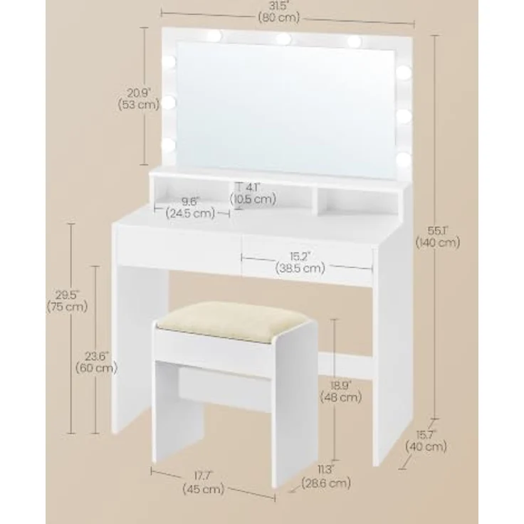 VASAGLE Schminktisch mit Beleuchtung und Hocker Set, Weiß | Moderner Kosmetiktisch mit Spiegel und LED, 2 Schubladen, Organizer für Schlafzimmer, KAILYN Kollektion – Bild 3