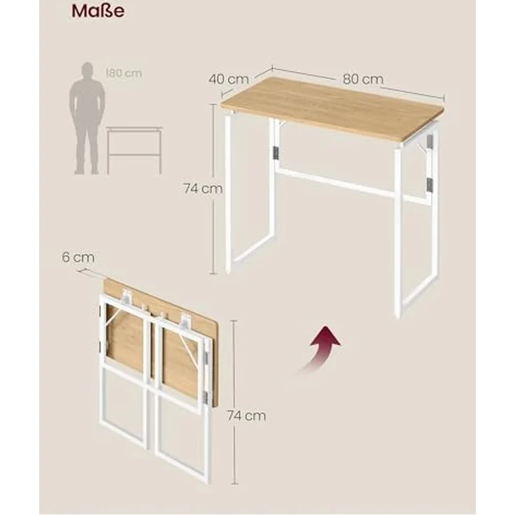 VASAGLE Klapptisch, Kleiner Schreibtisch klappbar, Computertisch, Tischplatte aus einem Stück, abgerundete Ecken, Tisch für Homeoffice, Schlafzimmer, 80x40 cm, natureichenfarben LWD151YD01 – Bild 3