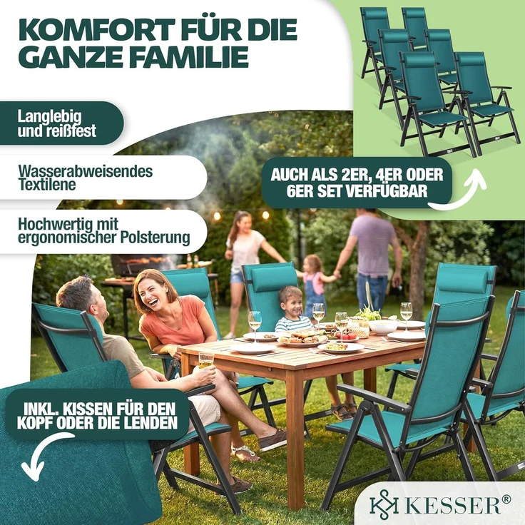 KESSER® Gartenstuhl Hochlehner mit Armlehnen | Aluminium Klappstuhl inkl. Kopfkissen Campingstuhl 7-Fach Verstellbar Rückenlehne | Atmungsaktiv & Wetterfest | Klappbar & Anti-Rutsch 1 Stück, Petrol Grün – Bild 3