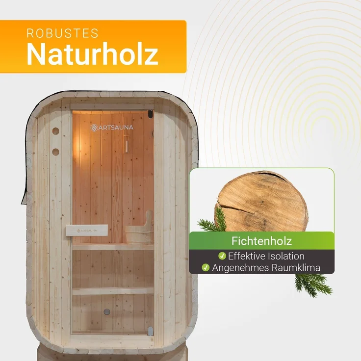 Artsauna Fasssauna Nolvik S, Outdoor-Sauna aus Fichtenholz, 3,6 kW Ofen, LED, Komplettset mit Sanduhr, Eimer & Thermometer, winterfest, Cube Design – Bild 3