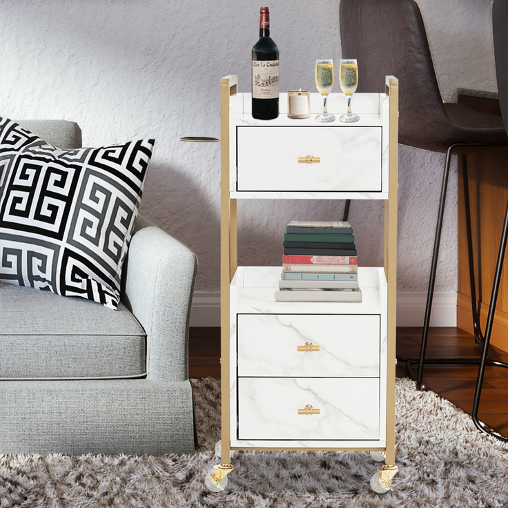 M MCombo Servierwagen mit Rollen & 3 Schubladen, Friseurwagen Rollwagen, Salon Trolley mit 2 Ablagen & Föhnhalter, Moderner Arbeitswagen für Bad Wohnzimmer, 30x40x95cm, 0022 (Weiß-Gold) – Bild 7