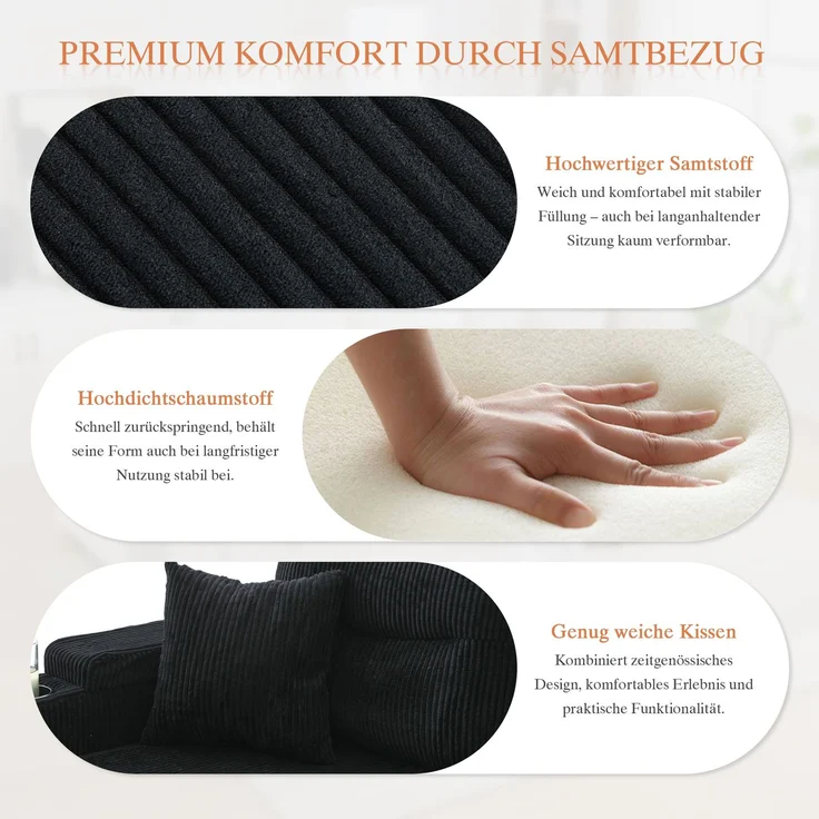 Flieks 4-Sitzer Schlafsofa aus Samt, mit beidseitigen Chaiselongues, Stauraum, Seitentasche, Getränkehaltern und USB-Anschlüssen, Schwarz – Bild 6