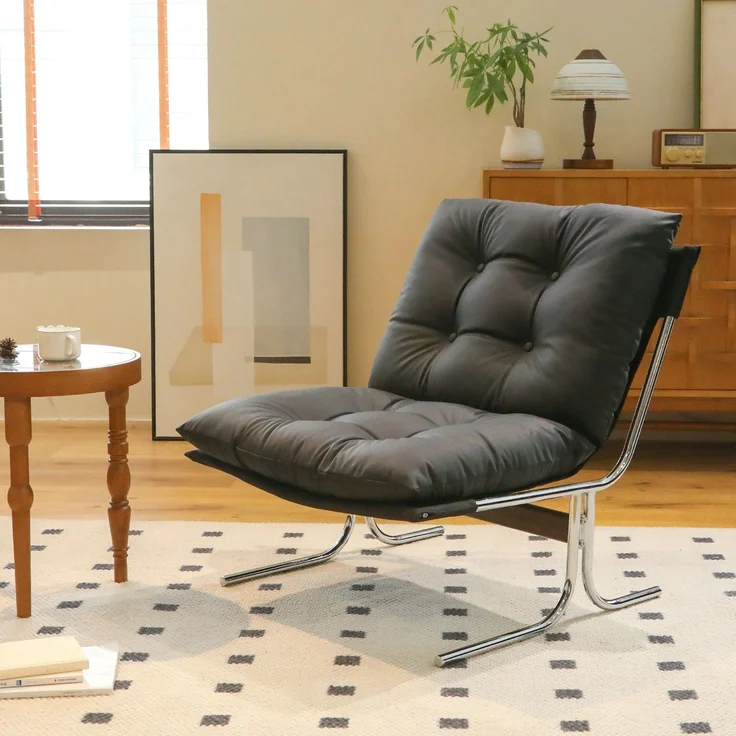 LVHOM Loungesessel im Barcelona-Stil, Relaxsessel mit Chromgestell, Polstersessel aus Kunstleder, abnehmbares Kissen, Lesesessel für Wohnzimmer & Balkon, Schwarz – Bild 1