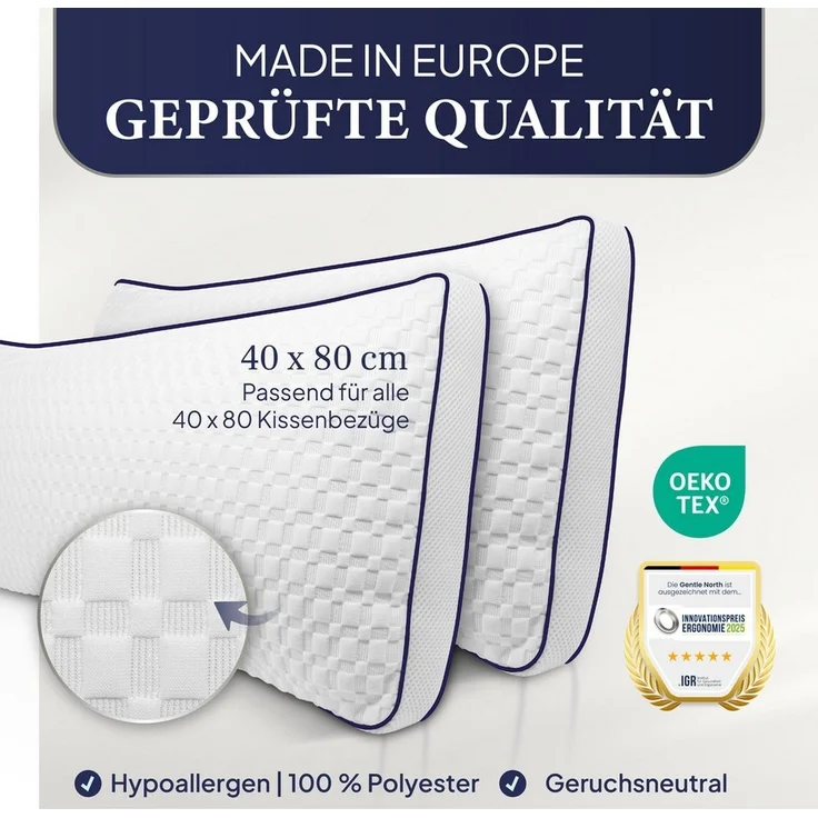 Gentle North Microfaserkissen Hochwertige Kopfkissen in Hotelqualität verschiedene Größen, Füllung: 100% Polyester, Seitschläfer, Rückenschläfer, Seitenschläfer, Bauchschläfer, 1- oder 2-tlg, Reißverschluss für Füllung, waschbar, Made in EU, allergiker... – Bild 2