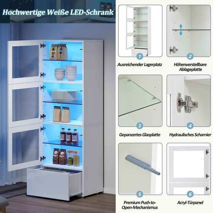 60*40*173cm Schrank,Vitrine ausSchranktür aus Acryl, Vitrine Hochglanz Lagerschrank mit LED-Beleuchtung, 3 Glasboden, Highboard, Wohnzimmerschrank, Aufbewahrungsschrank, Hochschrank, Sofaschrank,Weiß – Bild 6