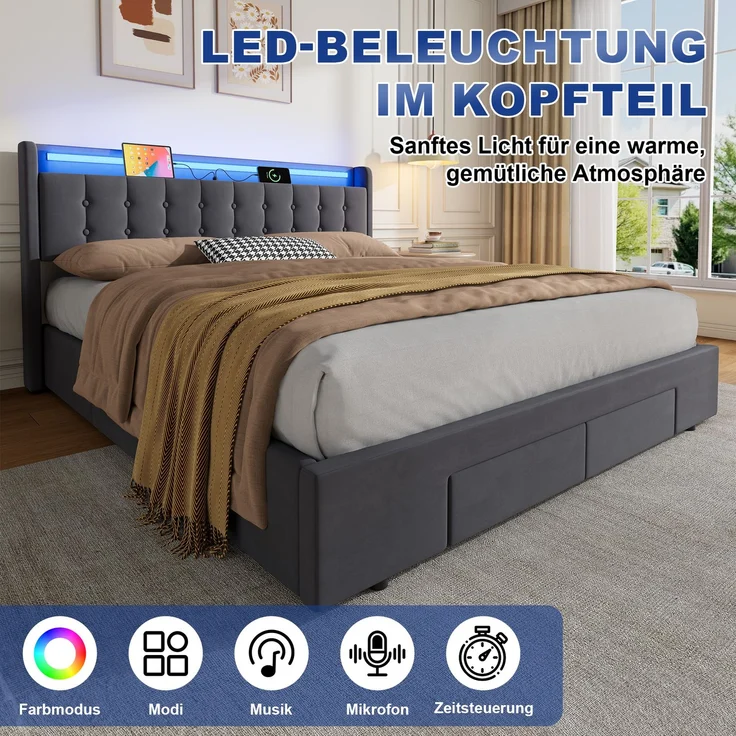 Polsterbett 180 x 200 cm, Samt, mit Bettkasten, Schubladen, USB-Anschluss und LED-Beleuchtung, Dunkelgrau – Bild 10