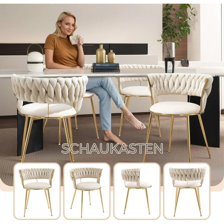 LVHOM Esszimmerstuhl Luxuriöse Samt-Stühle 2er-/4er-/6er-Set mit Rückenlehne & Metallbeine (Goldene Stuhlbeine & Rahmen, Geflochtener Stil, mehrere Farboptionen, 4 St), für höchsten Komfort und stilvolles Design für Ihr Zuhause – Bild 3