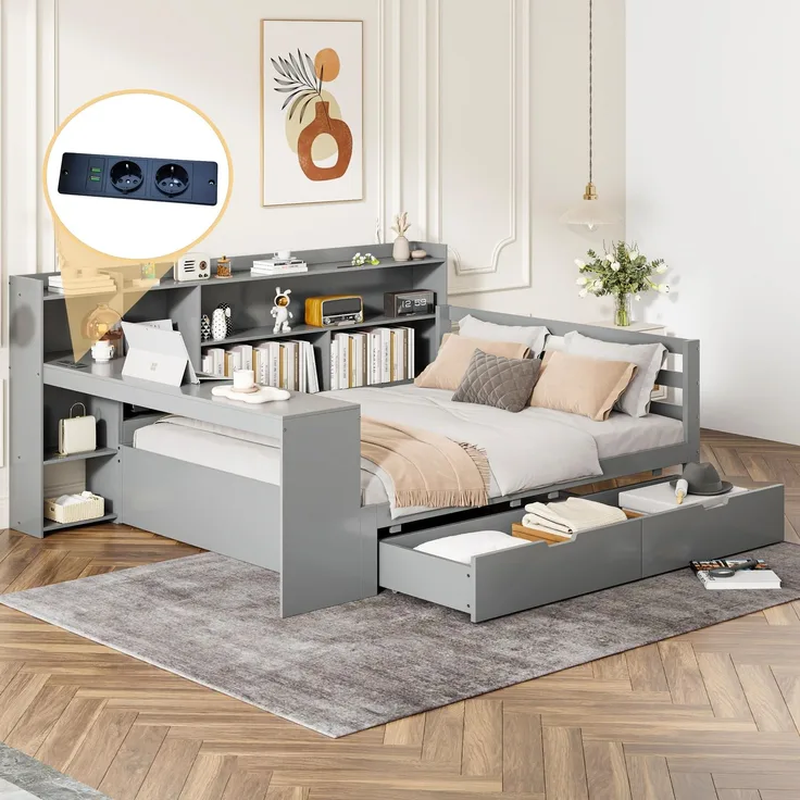 Ball & Cast Stauraumbett (140 * 200cm) mit Schublade, Schlafsofa mit Vielen Ablagefächern + Schreibtisch und USB-Anschlüssen, Einfach & Zeitsparend Montierbar, Grau