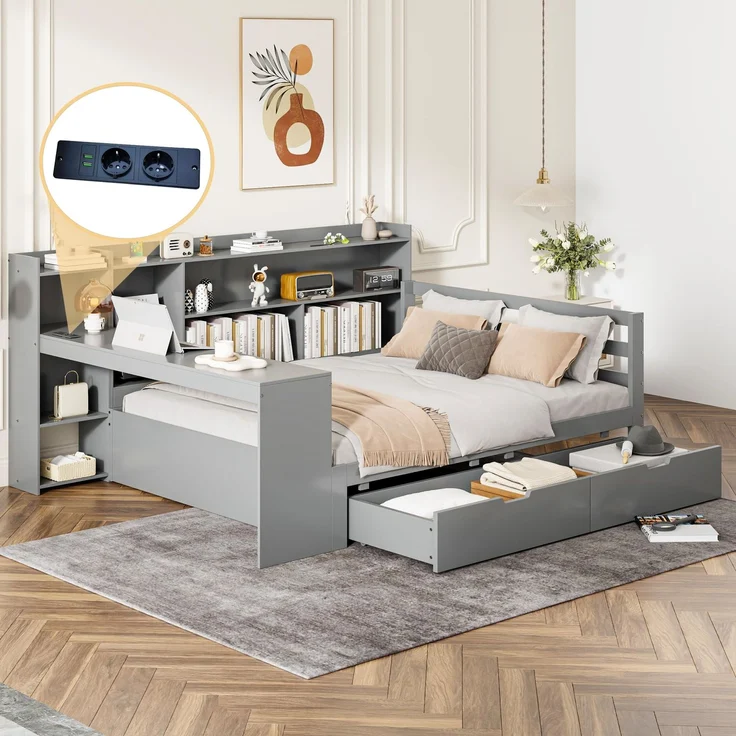 Ball & Cast Stauraumbett (140 * 200cm) mit Schublade, Schlafsofa mit Vielen Ablagefächern + Schreibtisch und USB-Anschlüssen, Einfach & Zeitsparend Montierbar, Grau