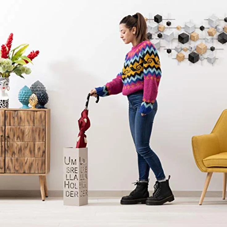 Baroni Home Schirmständer mit modernem Design aus Metall mit Umbrella Schnitzerei - taubengrauer Schirmständer mit Haken und abnehmbarem Auffangfach für Heim- und Bürodekoration 15,5 x 15 x 49 cm – Bild 7
