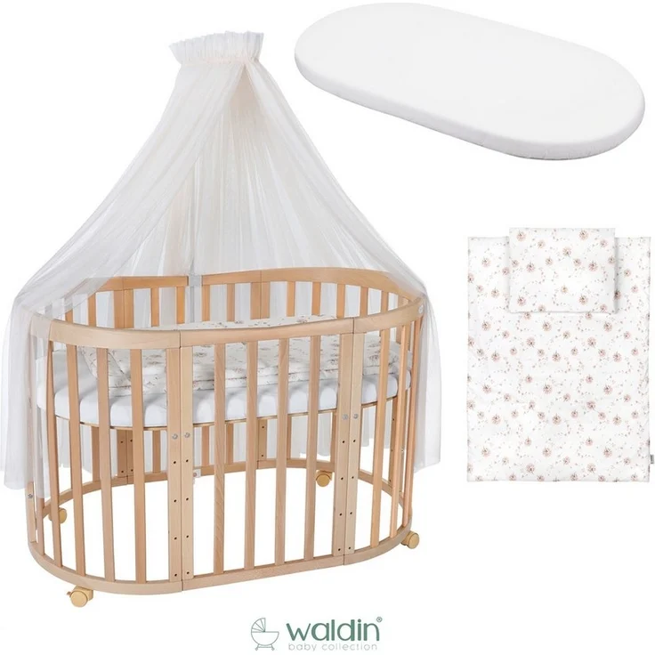Waldin Babybett Mobiles Babybett OWAL aus Holz 7in1 mit Matratze, mitwachsend – Bild 3