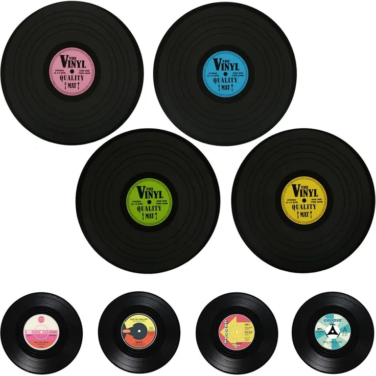 HAC24 Platzset Tischmatte Vinyl Schallplatte Tisch Untersetzer Rund Platzdeckchen, (Set, 8-St), 4x Tischset Ø 39 cm & 4x Glasuntersetzer Ø 11 cm