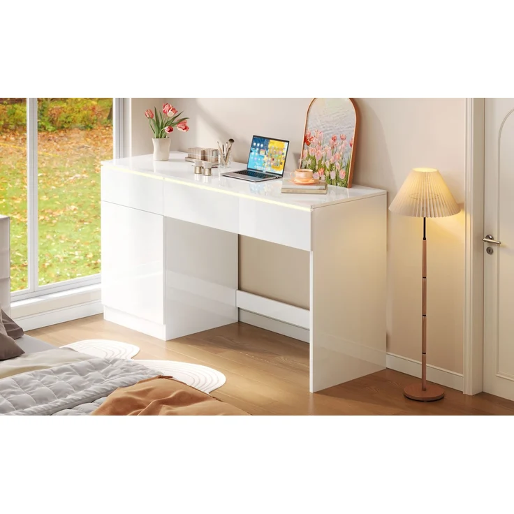ZUBALIYA Hochglanz Schreibtisch 120 x 50 cm mit LED-Beleuchtung, 2 Schubladen & 1 Tür, großer Computertisch und Schminktisch, Moderner Arbeitsplatz für Homeoffice und Schlafzimmer – Bild 16