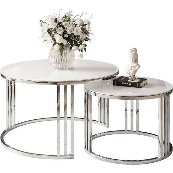 Lookway Couchtisch LORI 2in1 GLASS runder Couchtisch mit silber chrom Gestell (2er Set), Durchmesser: ⌀70 cm und ⌀50 cm