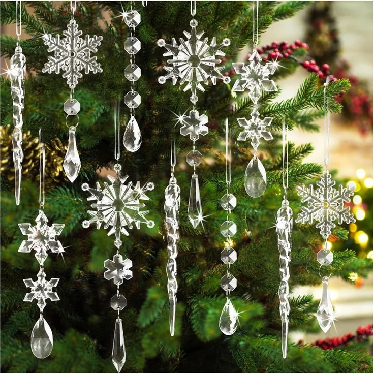 Coonoor Christbaumschmuck Acryl Schneeflocken Eiszapfen Tropfen Hängedekoration (18-tlg), Ornamente für Weihnachtsbaum Winterfest und Party Deko – Bild 2
