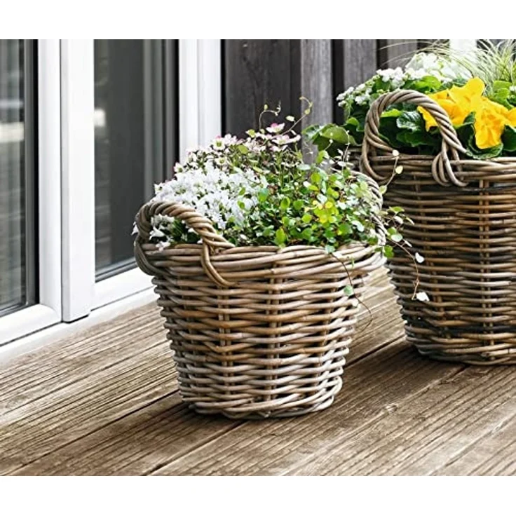 Dekoleidenschaft Pflanzkübel Pflanzkorb "Rattan", grau gekalkt, Blumentopf, Pflanztopf, Blumenkübel, Rattankorb, Flechtkorb, Pflanzentopf, Gartendeko für Draußen – Bild 1