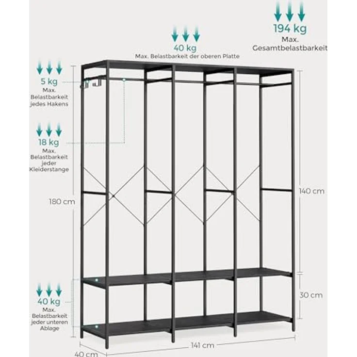 SONGMICS Kleiderschrank offen, Kleiderständer, Garderobenständer, Garderobe mit Kleiderstange, Ablagen, abnehmbare Haken, 40 x 141 x 180 cm, ebenholzschwarz RGR005B56 – Bild 7