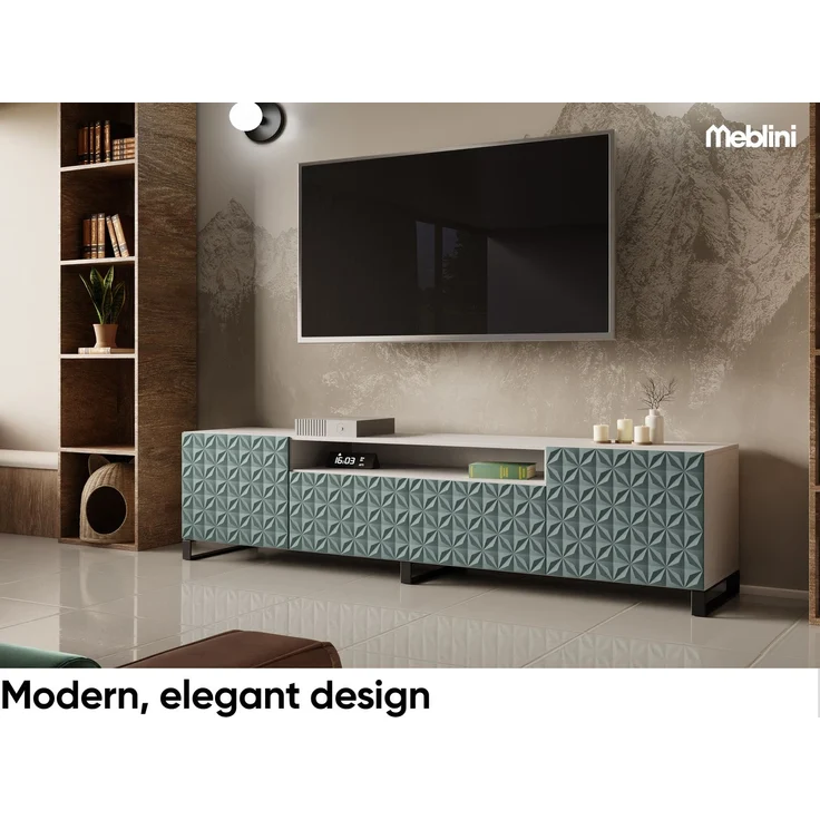 MEBLINI TV-Schrank 200cm Lang - Fernsehschrank - TV Lowboard Industrial - Unterschrank für Fernseher - TV-Unterschrank - TV-Schrank - CALIO - 200x41x53cm - Weiß Matt/Grün Matt – Bild 2