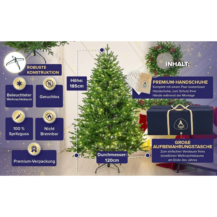 EveXmas Adele Künstlicher Weihnachtsbaum Grün 185 cm mit 320 LEDs – 100% PE Spritzguss, Nordmanntanne-Optik, inkl. Metallständer, Tasche & Baumkorb – Bild 2