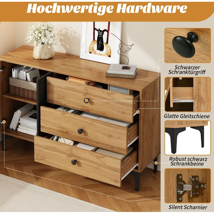 Sideboard aus Spanplatte mit Tür & 3 Schubladen, 120x35x76 cm, Natur/Schwarz – Bild 5