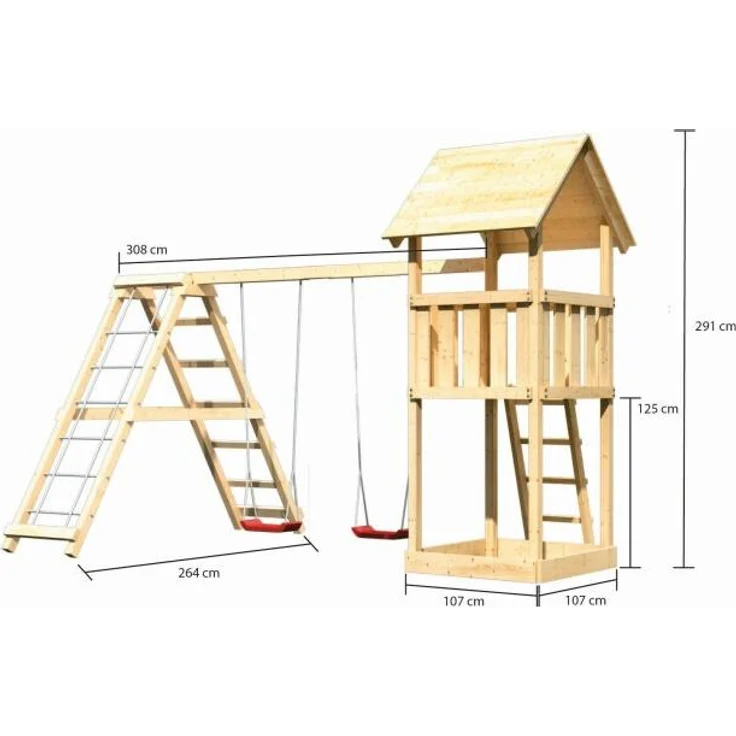 Karibu Kinderspielturm Lotti Satteldach mit Gerüst / Doppelschaukel naturbelassen 1,07 x 1,07 x 2,91 m – Bild 14
