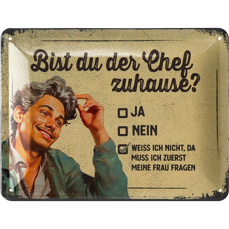 LANOLU Blechschild Chef Zuhause - 15x20cm – Metall – Beige – 15229