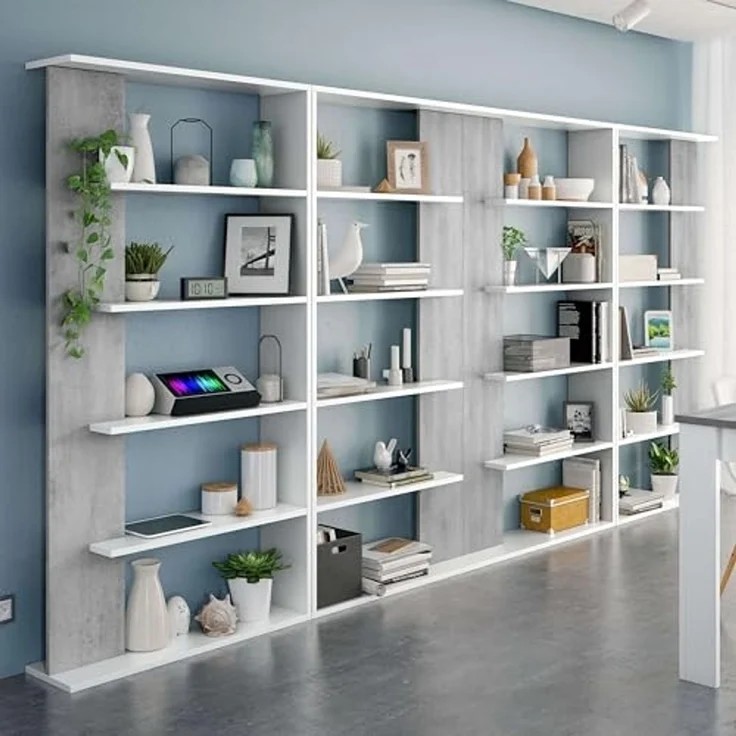 Habitdesign Alida, Regal mit 5 Regalböden, Bücherregal für Esszimmer, Wohnzimmer, Finish in Arktisweiß und Zementgrau, Maße: 180 cm (H) x 90 cm (B) x 25 cm (T) – Bild 2