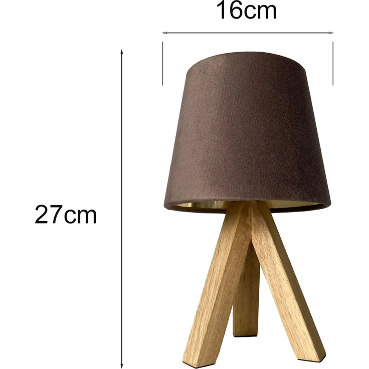 Tischlampe mit Dreibein aus Holz, Samtschirm Braun Gold, Höhe 27cm – Bild 4