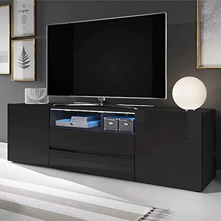 Selsey BROS – TV-Lowboard/Fernsehschrank Schwarz Matt/Schwarz Hochglanz mit LED-Beleuchtung Stehend Modern – Bild 2